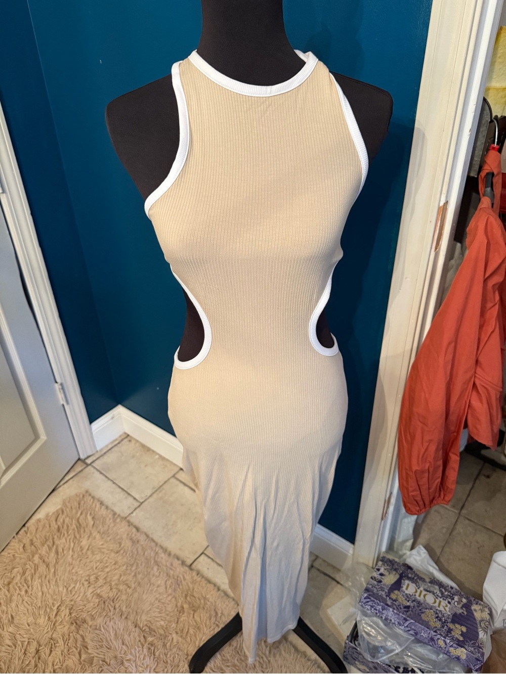 Beige Cutout Ribbed Maxi Dress with White Trim